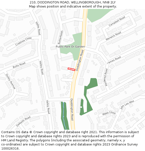 210, DODDINGTON ROAD, WELLINGBOROUGH, NN8 2LY: Location map and indicative extent of plot