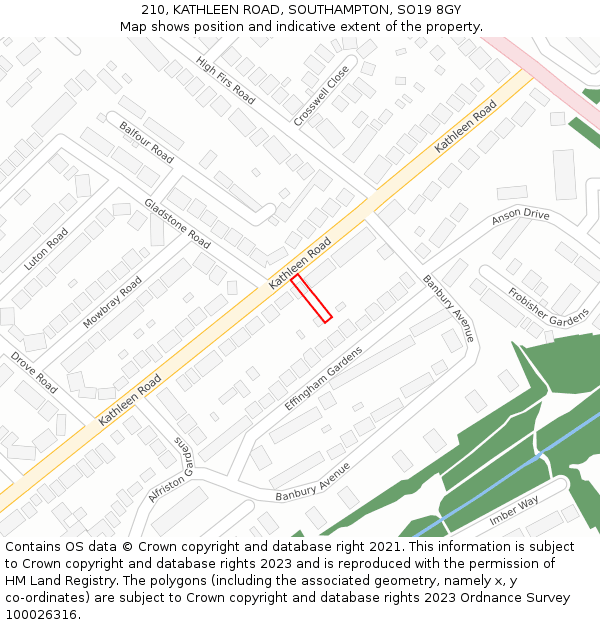 210, KATHLEEN ROAD, SOUTHAMPTON, SO19 8GY: Location map and indicative extent of plot