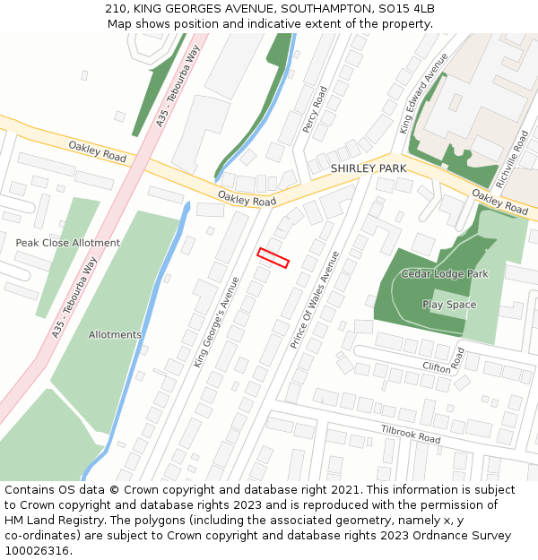 210, KING GEORGES AVENUE, SOUTHAMPTON, SO15 4LB: Location map and indicative extent of plot