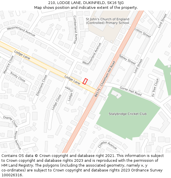 210, LODGE LANE, DUKINFIELD, SK16 5JG: Location map and indicative extent of plot