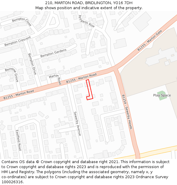 210, MARTON ROAD, BRIDLINGTON, YO16 7DH: Location map and indicative extent of plot