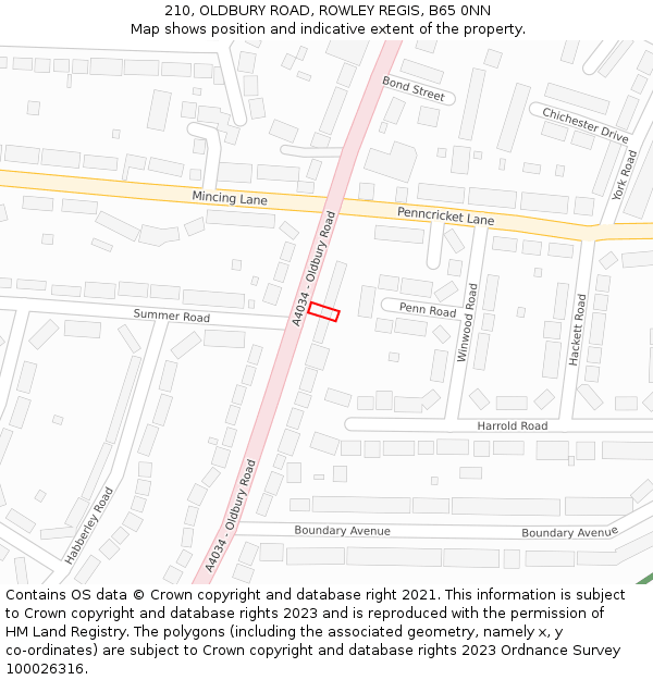 210, OLDBURY ROAD, ROWLEY REGIS, B65 0NN: Location map and indicative extent of plot