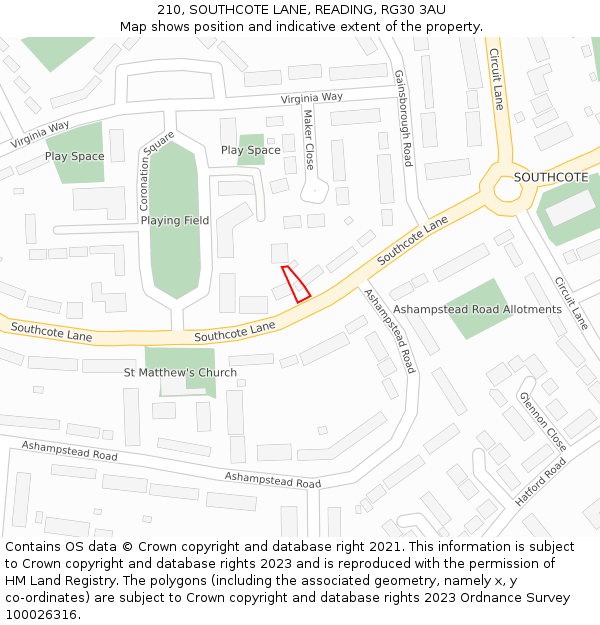 210, SOUTHCOTE LANE, READING, RG30 3AU: Location map and indicative extent of plot