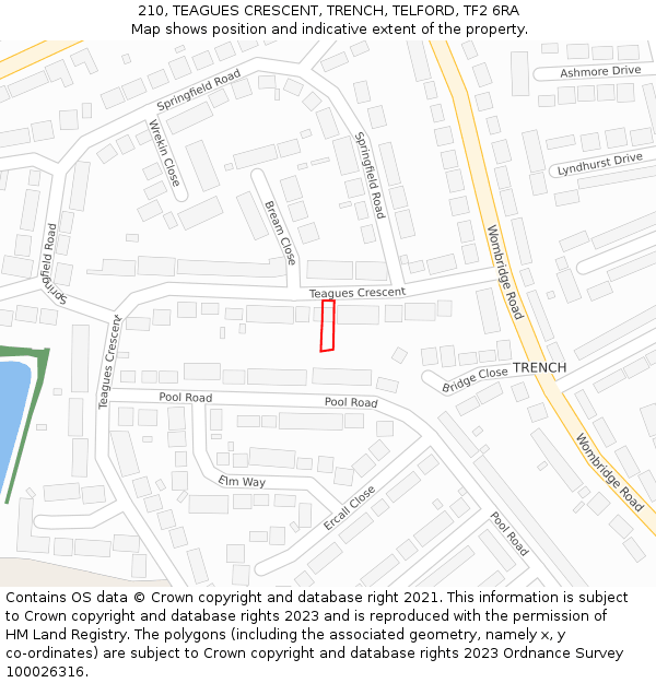 210, TEAGUES CRESCENT, TRENCH, TELFORD, TF2 6RA: Location map and indicative extent of plot