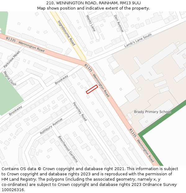 210, WENNINGTON ROAD, RAINHAM, RM13 9UU: Location map and indicative extent of plot