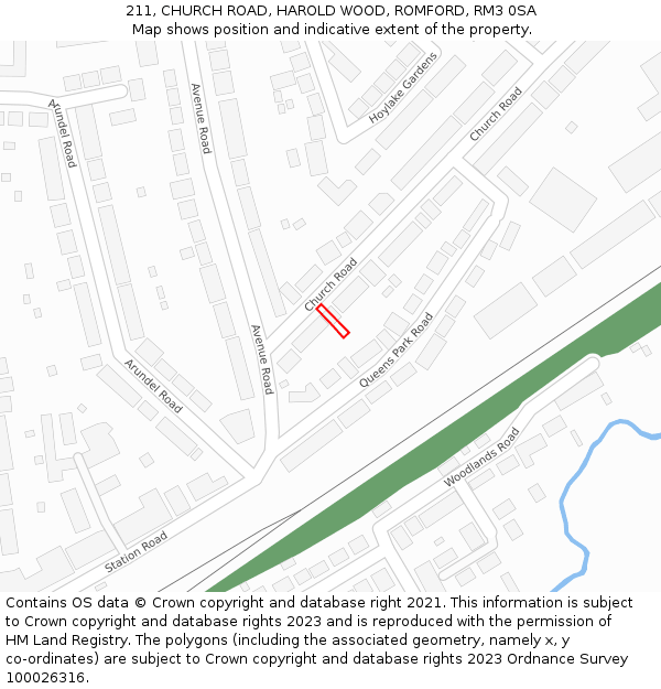 211, CHURCH ROAD, HAROLD WOOD, ROMFORD, RM3 0SA: Location map and indicative extent of plot