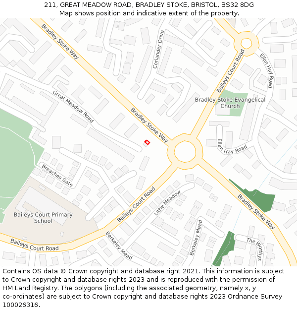 211, GREAT MEADOW ROAD, BRADLEY STOKE, BRISTOL, BS32 8DG: Location map and indicative extent of plot