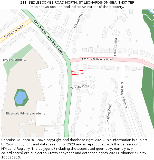 211, SEDLESCOMBE ROAD NORTH, ST LEONARDS-ON-SEA, TN37 7ER: Location map and indicative extent of plot