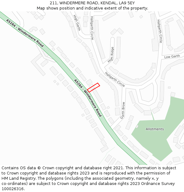 211, WINDERMERE ROAD, KENDAL, LA9 5EY: Location map and indicative extent of plot