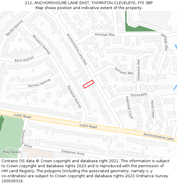 212, ANCHORSHOLME LANE EAST, THORNTON-CLEVELEYS, FY5 3BP: Location map and indicative extent of plot