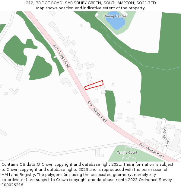 212, BRIDGE ROAD, SARISBURY GREEN, SOUTHAMPTON, SO31 7ED: Location map and indicative extent of plot
