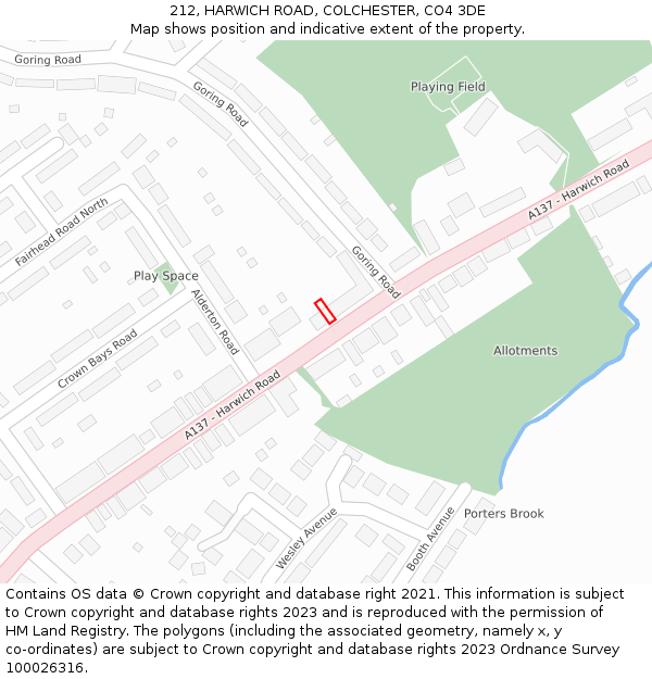 212, HARWICH ROAD, COLCHESTER, CO4 3DE: Location map and indicative extent of plot