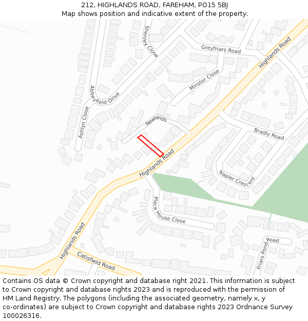 212, HIGHLANDS ROAD, FAREHAM, PO15 5BJ: Location map and indicative extent of plot