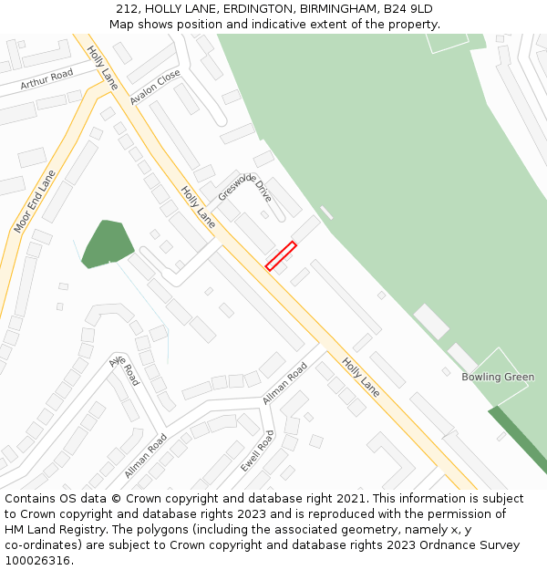 212, HOLLY LANE, ERDINGTON, BIRMINGHAM, B24 9LD: Location map and indicative extent of plot