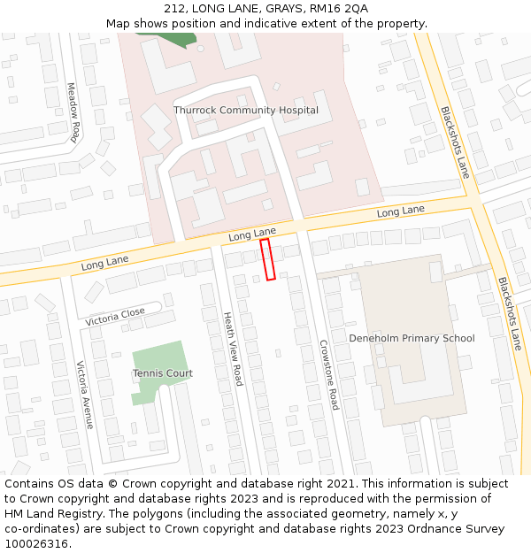 212, LONG LANE, GRAYS, RM16 2QA: Location map and indicative extent of plot