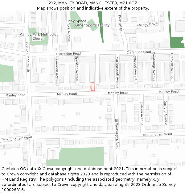 212, MANLEY ROAD, MANCHESTER, M21 0GZ: Location map and indicative extent of plot