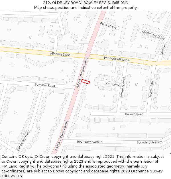 212, OLDBURY ROAD, ROWLEY REGIS, B65 0NN: Location map and indicative extent of plot