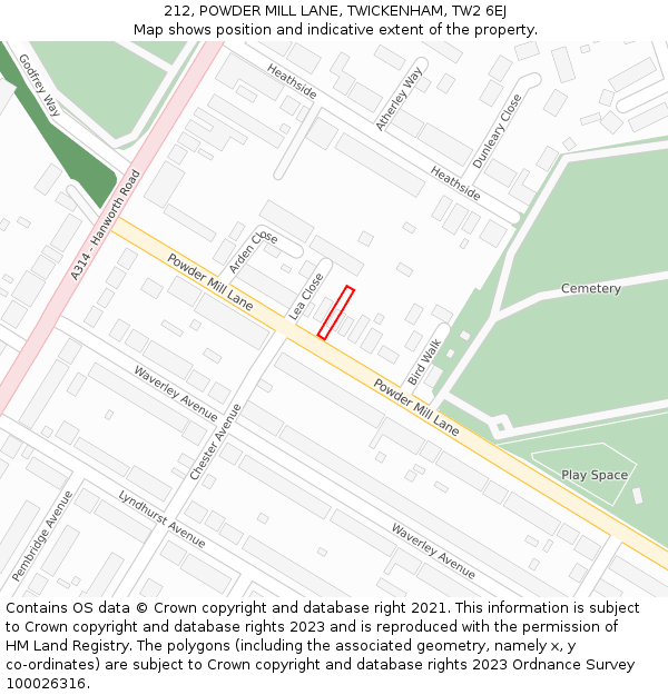 212, POWDER MILL LANE, TWICKENHAM, TW2 6EJ: Location map and indicative extent of plot