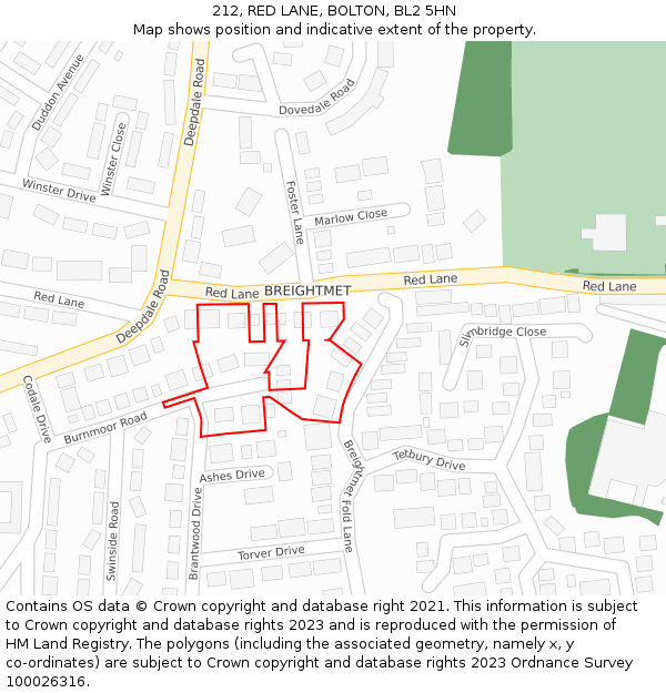 212, RED LANE, BOLTON, BL2 5HN: Location map and indicative extent of plot