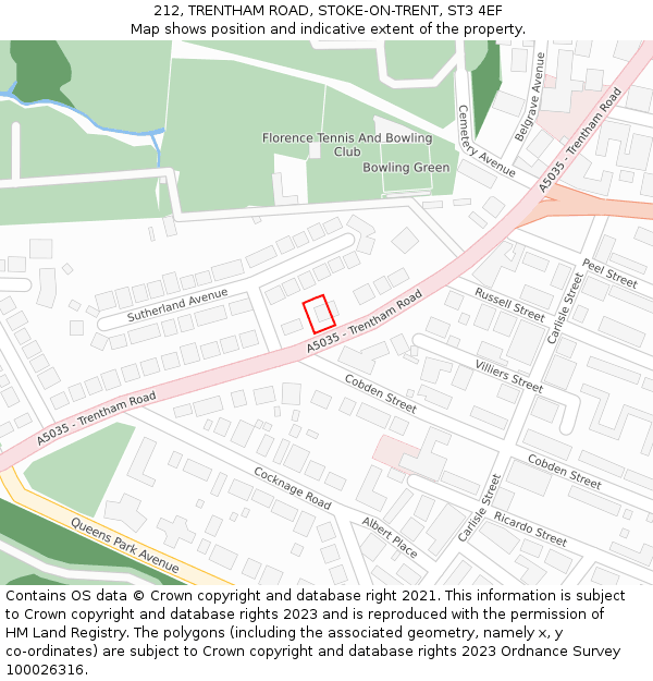 212, TRENTHAM ROAD, STOKE-ON-TRENT, ST3 4EF: Location map and indicative extent of plot