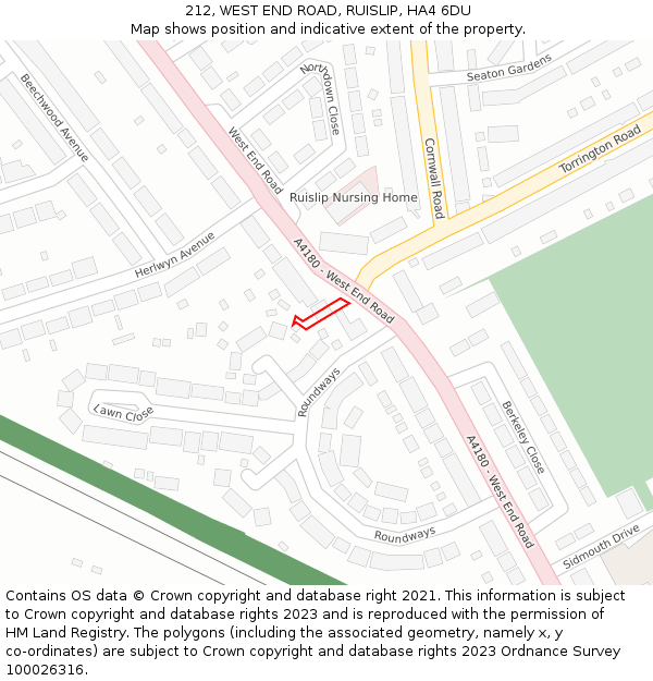 212, WEST END ROAD, RUISLIP, HA4 6DU: Location map and indicative extent of plot