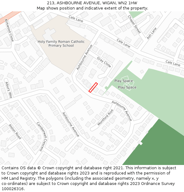 213, ASHBOURNE AVENUE, WIGAN, WN2 1HW: Location map and indicative extent of plot