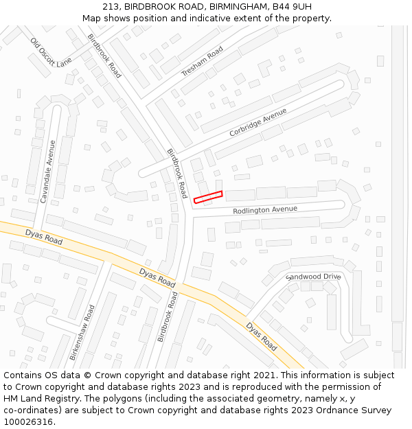 213, BIRDBROOK ROAD, BIRMINGHAM, B44 9UH: Location map and indicative extent of plot