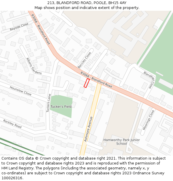 213, BLANDFORD ROAD, POOLE, BH15 4AY: Location map and indicative extent of plot