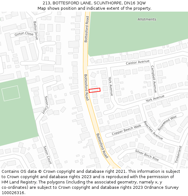 213, BOTTESFORD LANE, SCUNTHORPE, DN16 3QW: Location map and indicative extent of plot