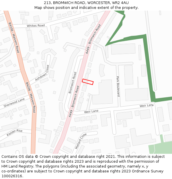 213, BROMWICH ROAD, WORCESTER, WR2 4AU: Location map and indicative extent of plot