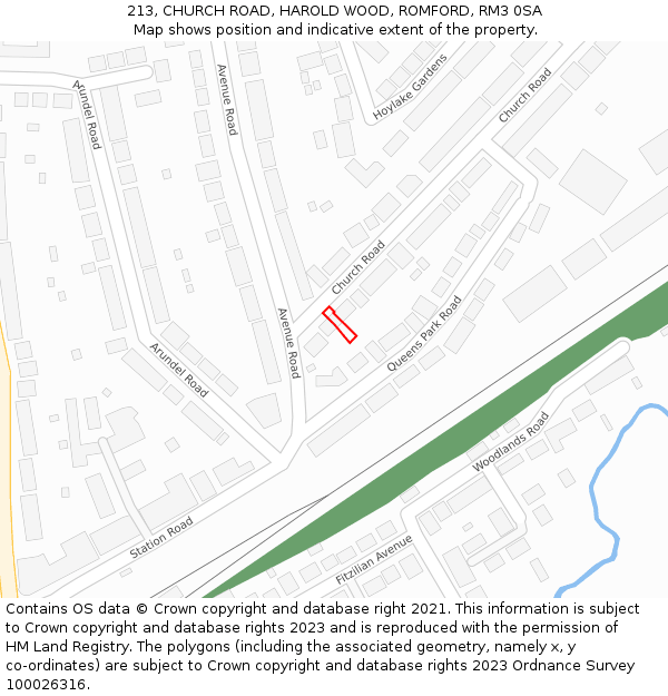 213, CHURCH ROAD, HAROLD WOOD, ROMFORD, RM3 0SA: Location map and indicative extent of plot