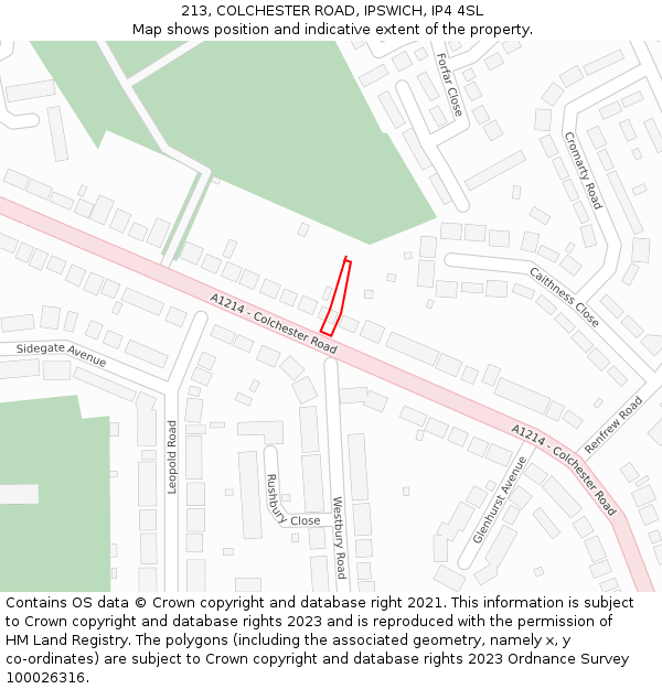 213, COLCHESTER ROAD, IPSWICH, IP4 4SL: Location map and indicative extent of plot