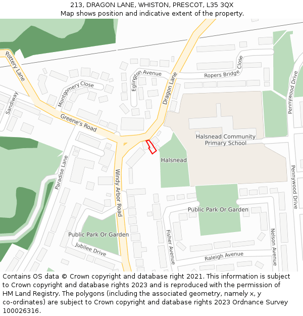 213, DRAGON LANE, WHISTON, PRESCOT, L35 3QX: Location map and indicative extent of plot