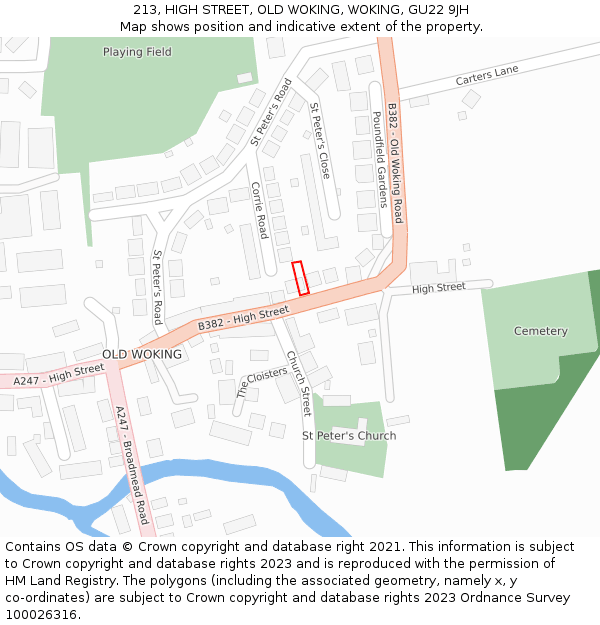 213, HIGH STREET, OLD WOKING, WOKING, GU22 9JH: Location map and indicative extent of plot