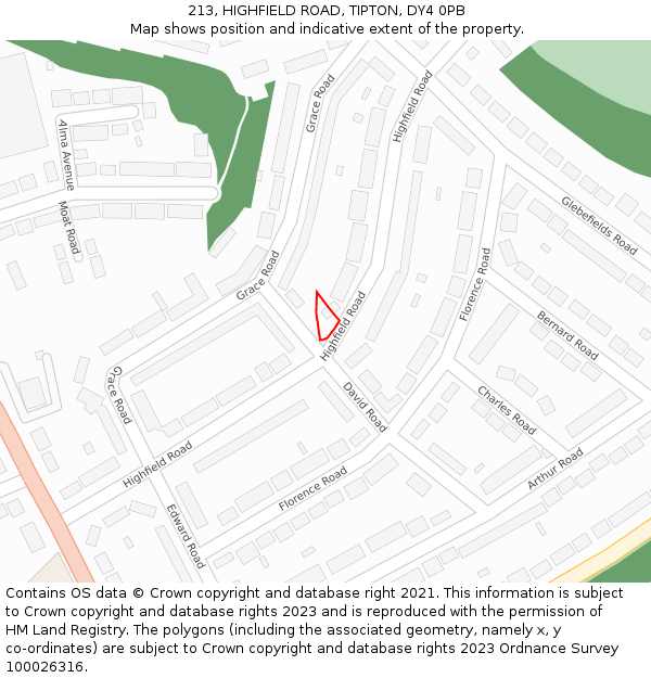 213, HIGHFIELD ROAD, TIPTON, DY4 0PB: Location map and indicative extent of plot