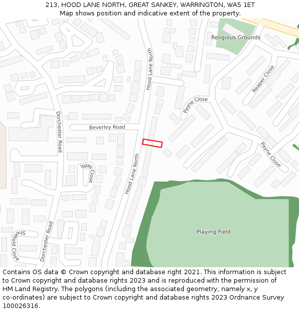 213, HOOD LANE NORTH, GREAT SANKEY, WARRINGTON, WA5 1ET: Location map and indicative extent of plot