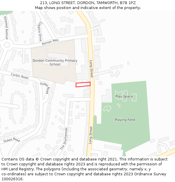 213, LONG STREET, DORDON, TAMWORTH, B78 1PZ: Location map and indicative extent of plot