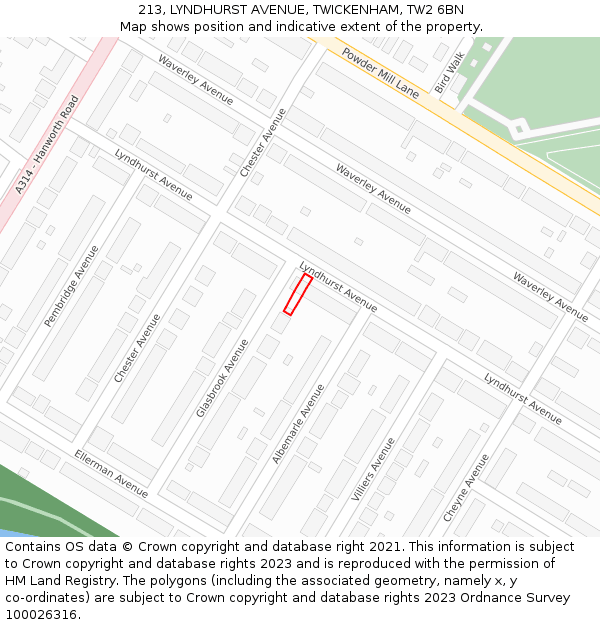 213, LYNDHURST AVENUE, TWICKENHAM, TW2 6BN: Location map and indicative extent of plot