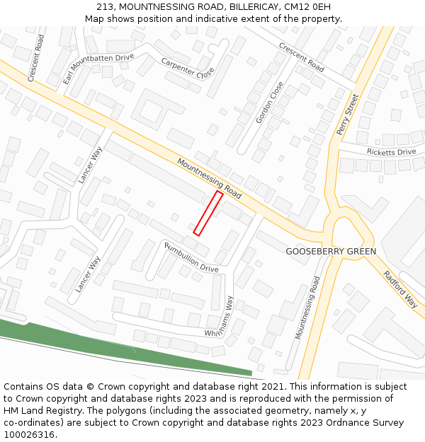213, MOUNTNESSING ROAD, BILLERICAY, CM12 0EH: Location map and indicative extent of plot