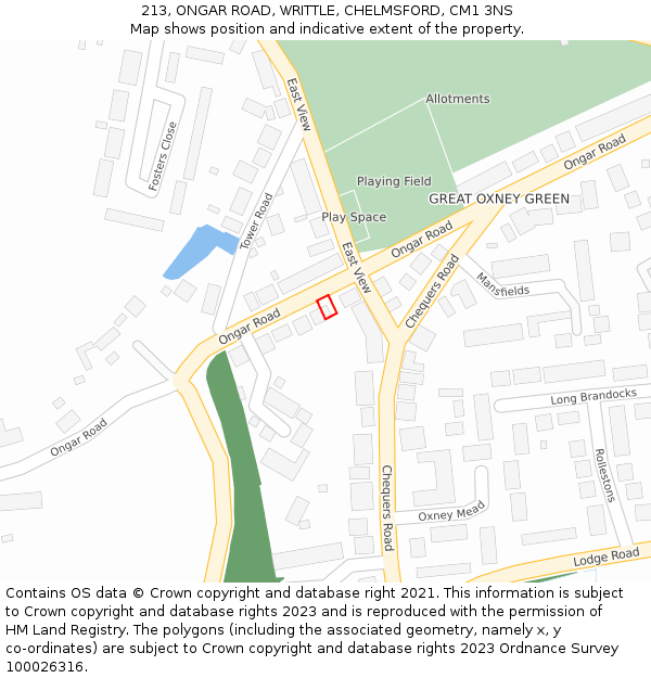 213, ONGAR ROAD, WRITTLE, CHELMSFORD, CM1 3NS: Location map and indicative extent of plot