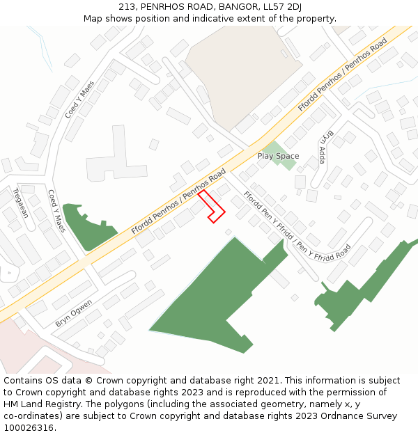 213, PENRHOS ROAD, BANGOR, LL57 2DJ: Location map and indicative extent of plot