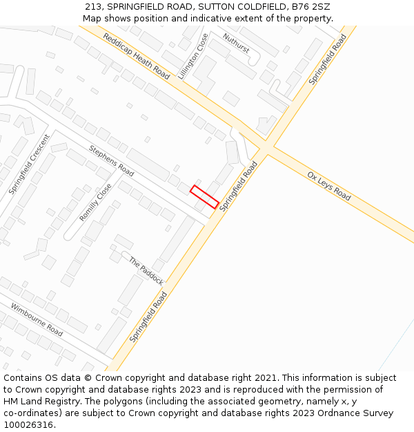 213, SPRINGFIELD ROAD, SUTTON COLDFIELD, B76 2SZ: Location map and indicative extent of plot