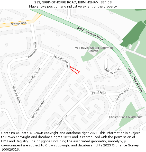 213, SPRINGTHORPE ROAD, BIRMINGHAM, B24 0SJ: Location map and indicative extent of plot