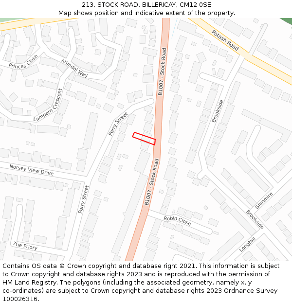 213, STOCK ROAD, BILLERICAY, CM12 0SE: Location map and indicative extent of plot