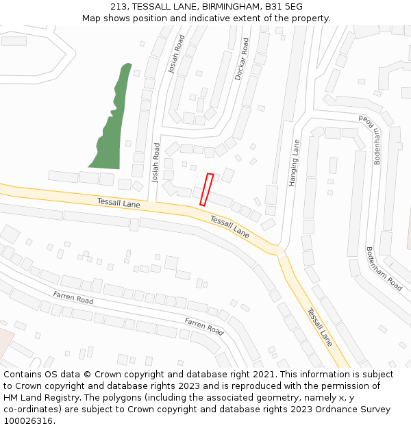 213, TESSALL LANE, BIRMINGHAM, B31 5EG: Location map and indicative extent of plot