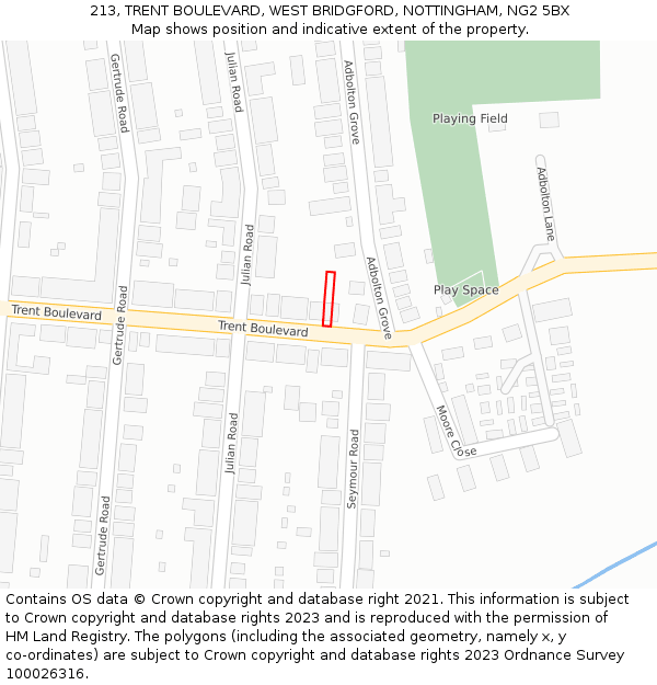 213, TRENT BOULEVARD, WEST BRIDGFORD, NOTTINGHAM, NG2 5BX: Location map and indicative extent of plot