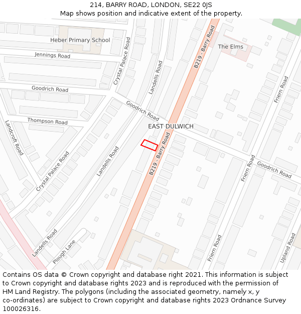 214, BARRY ROAD, LONDON, SE22 0JS: Location map and indicative extent of plot