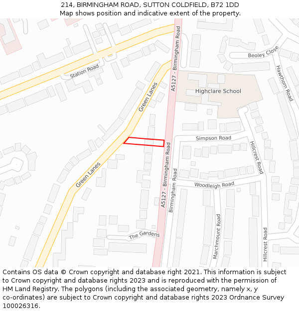 214, BIRMINGHAM ROAD, SUTTON COLDFIELD, B72 1DD: Location map and indicative extent of plot