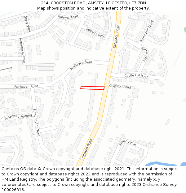 214, CROPSTON ROAD, ANSTEY, LEICESTER, LE7 7BN: Location map and indicative extent of plot