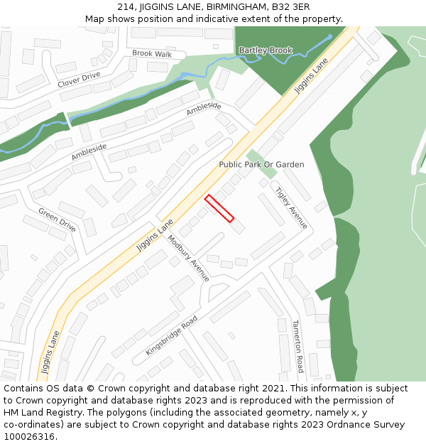 214, JIGGINS LANE, BIRMINGHAM, B32 3ER: Location map and indicative extent of plot